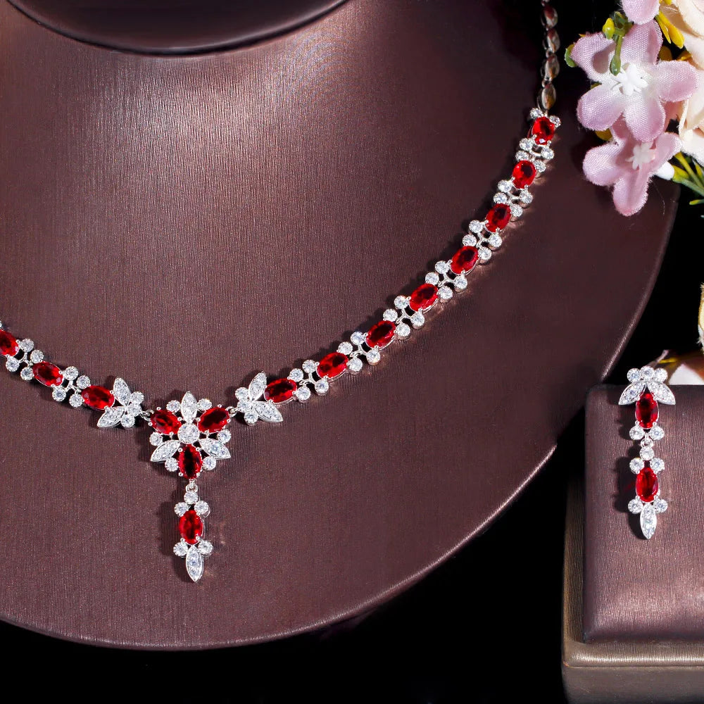 New Style Chic Red CZ Crystal Elegant Women Party Flower Necklace and Earrings Sets for Brides Wedding Jewelry - EUFASHIONBAGS