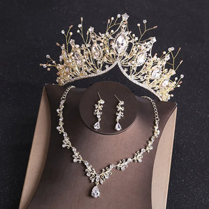 Baroque Retro Costume Bridal Jewelry Sets Rhinestone Crystal Gold Color Tiara Crown Earrings Necklace Wedding Luxury Jewelry Set