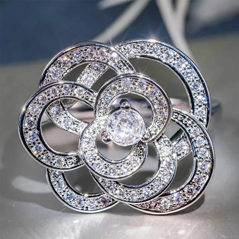 Hollow Flower Rings with Shiny CZ Exquisite Trendy Finger Accessories for Women Gorgeous Wedding Party Jewelry - EUFASHIONBAGS