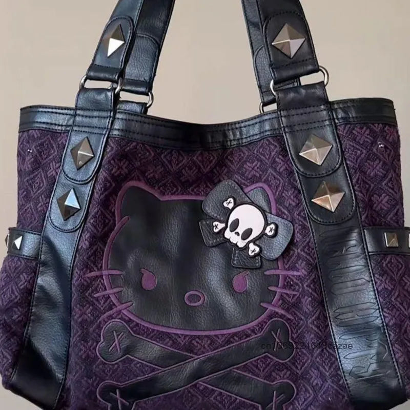 Sanrio Hello Kitty Vintage Patchwork Purple Bag Subculture Y2K Sweet Spicy Girl Handbag Gothic Trend Versatile Tote Bag - EUFASHIONBAGS