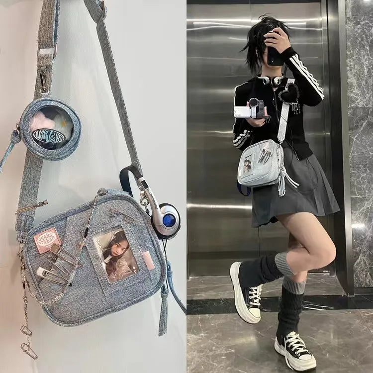 Vintage Denim Messenger Bag Women New Hot Girls Harajuku Casual Crossbody Bags Female Retro Solid Canvas Bag Y2k - EUFASHIONBAGS