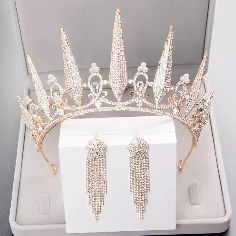 Baroque Luxury Queen Crystal Bridal Tiaras Crowns Earrings Set For Women Girls Wedding Diadem Princess Party Hair Dress Jewelry - EUFASHIONBAGS