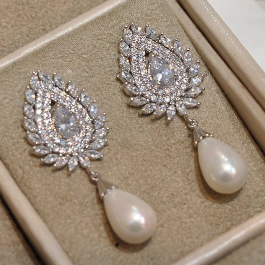 Luxury Temperament Women's Imitation Pearl Earrings Full Paved Bling White CZ Stone New Fashion Wedding Jewelry Drop Ship - EUFASHIONBAGS