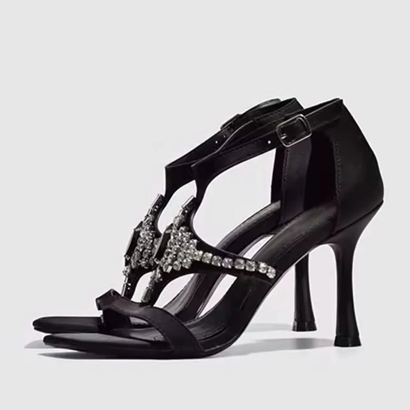 Summer 9CM Gladiator Sandals Women Black Gemstone Crystal Strap Open Toe Thin High Heels Party Prom Shoes Zapatos Mujer