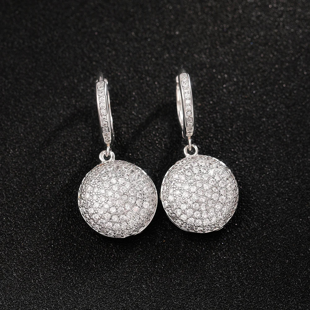 Full Paved CZ Round Pendant Dangle Earrings Women Silver Color Luxury Wedding Earrings Eternity Statement Jewelry - EUFASHIONBAGS