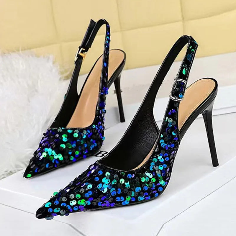 Fashion Gold Sequined Ankle Strap Women Pumps Pointed Toe Slingbacks Stiletto High Heels Wedding Prom Shoe Size 43