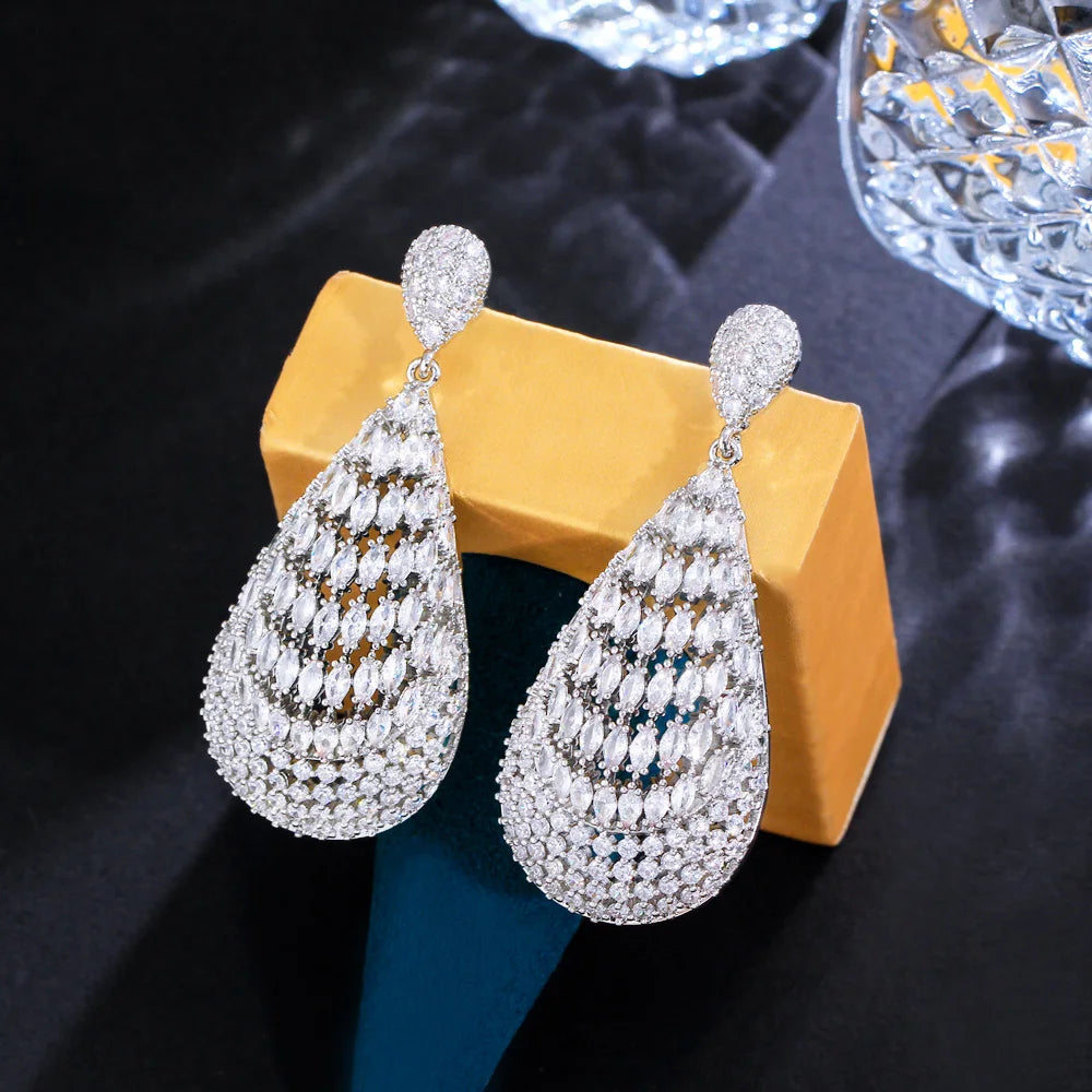 Heavy Stone Work Bling Marquise Cut White Cubic Zircon Dangly Drop Long Wedding Bridal Earrings for Women Jewel - EUFASHIONBAGS