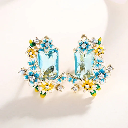 Blue Yellow Flowers Enamel Earrings with Big Sky Blue CZ Aesthetic Drop Earrings for Women Wedding Party Unique Jewelry - EUFASHIONBAGS