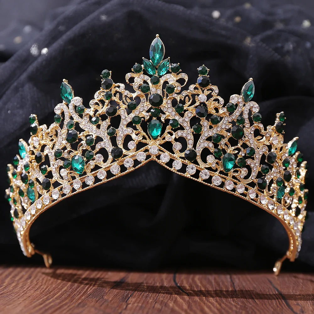 Luxury Green Color Crystal Wedding Crown Bridal Hair Accessories Women Baroque Crown Rhinestones Tiaras Bride Queen Party Crowns - EUFASHIONBAGS