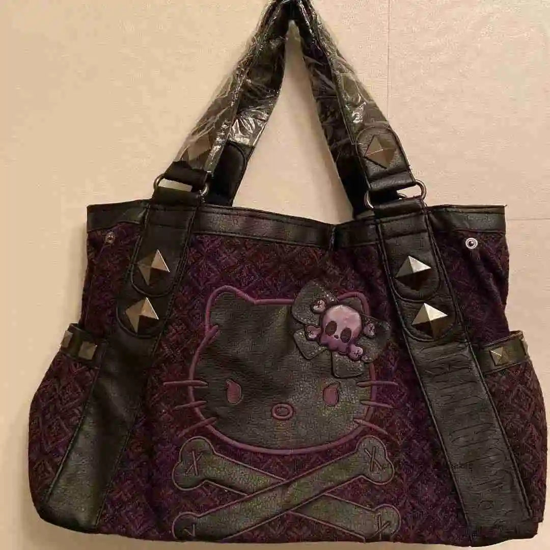 Sanrio Hello Kitty Vintage Patchwork Purple Bag Subculture Y2K Sweet Spicy Girl Handbag Gothic Trend Versatile Tote Bag