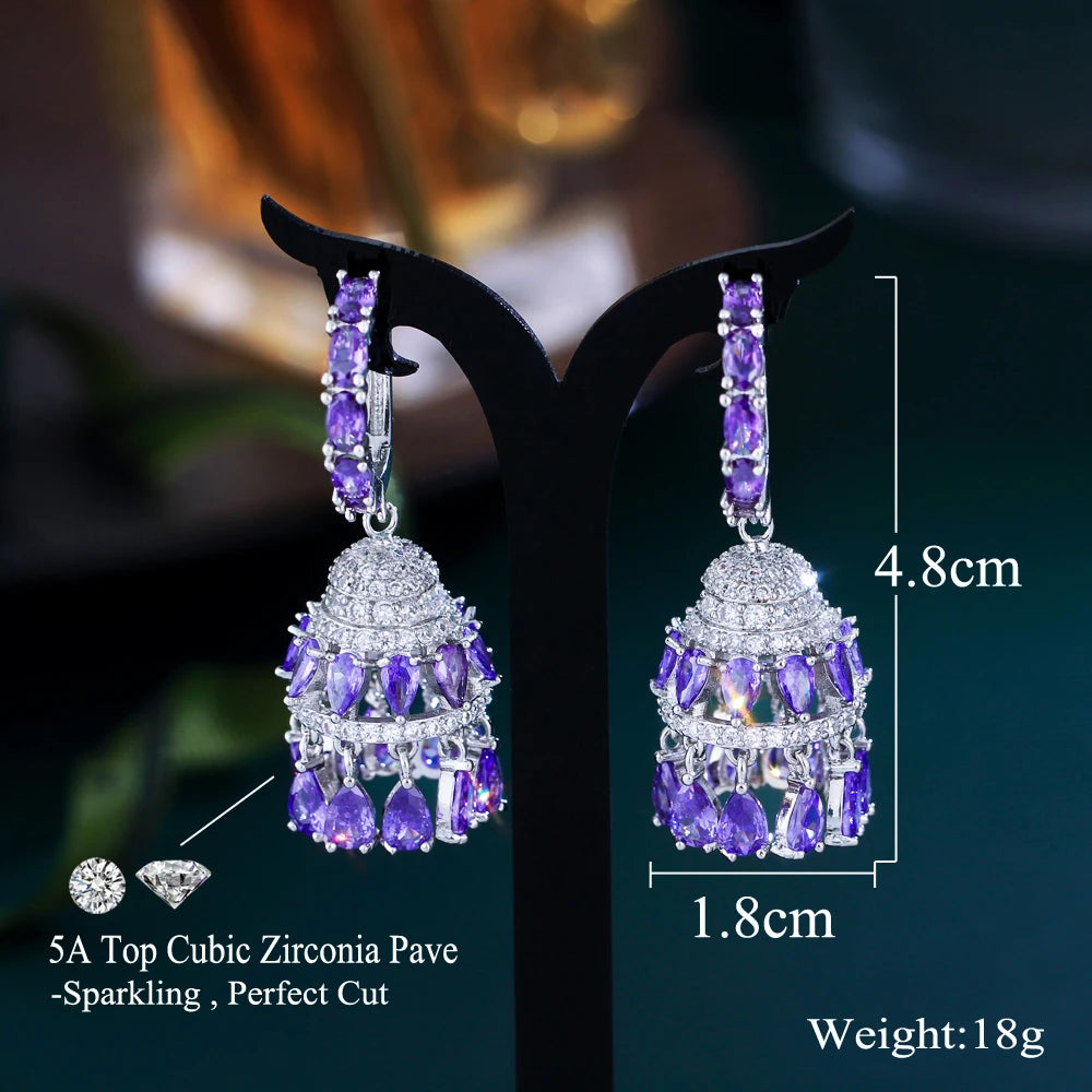 Luxury Purple Cubic Zirconia Chandelier Dangle Water Drop Long Jhumkas Earrings for Women Wedding Party Jewelry - EUFASHIONBAGS