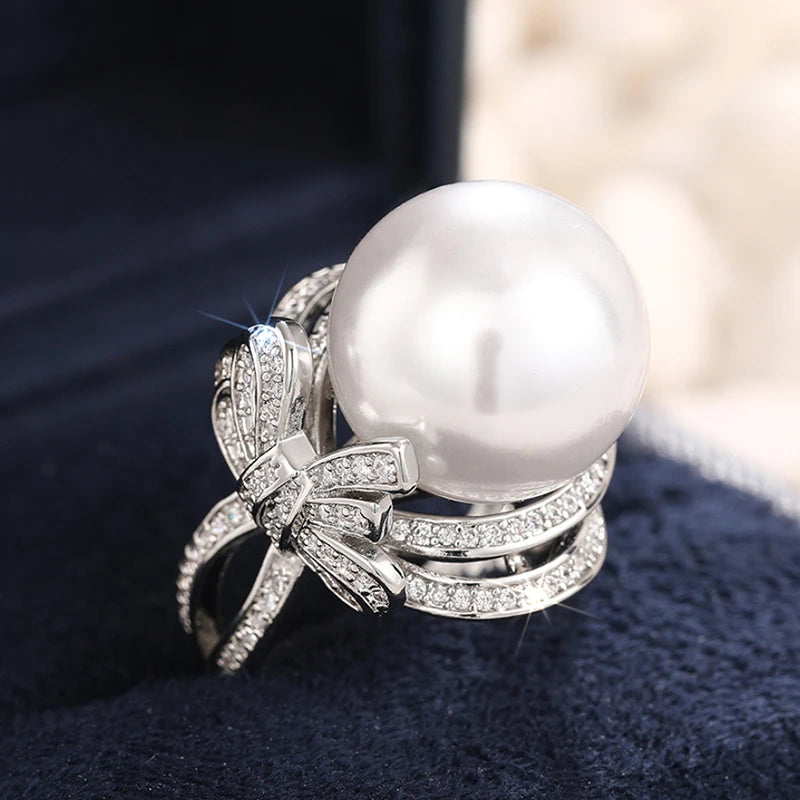 Bowknot Finger Ring Lady Graceful Simulated Pearl Accessories for Wedding Party Bright CZ Jewelry for Engagement