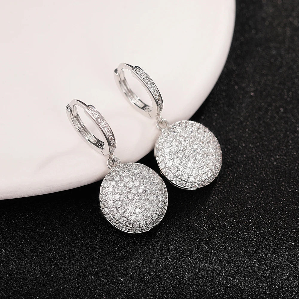 Full Paved CZ Round Pendant Dangle Earrings Women Silver Color Luxury Wedding Earrings Eternity Statement Jewelry - EUFASHIONBAGS