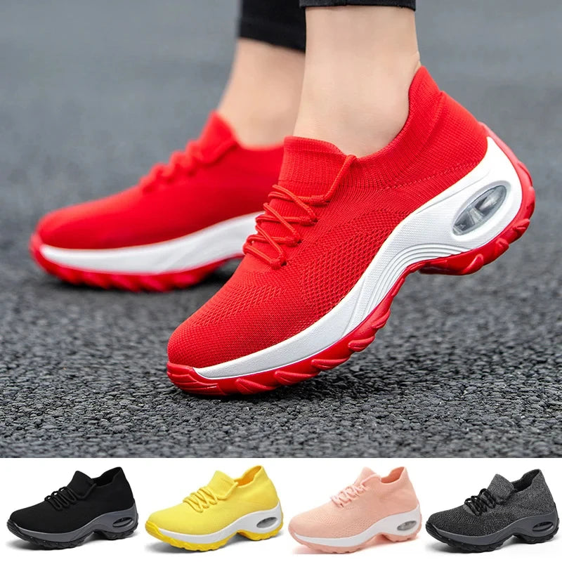 Women Tennis Shoes Air Cushion Red Sports Shoes High Heels Mesh Lace-up Female Sock Footwear Outdoor Thick Bottom Women Sneakers - EUFASHIONBAGS