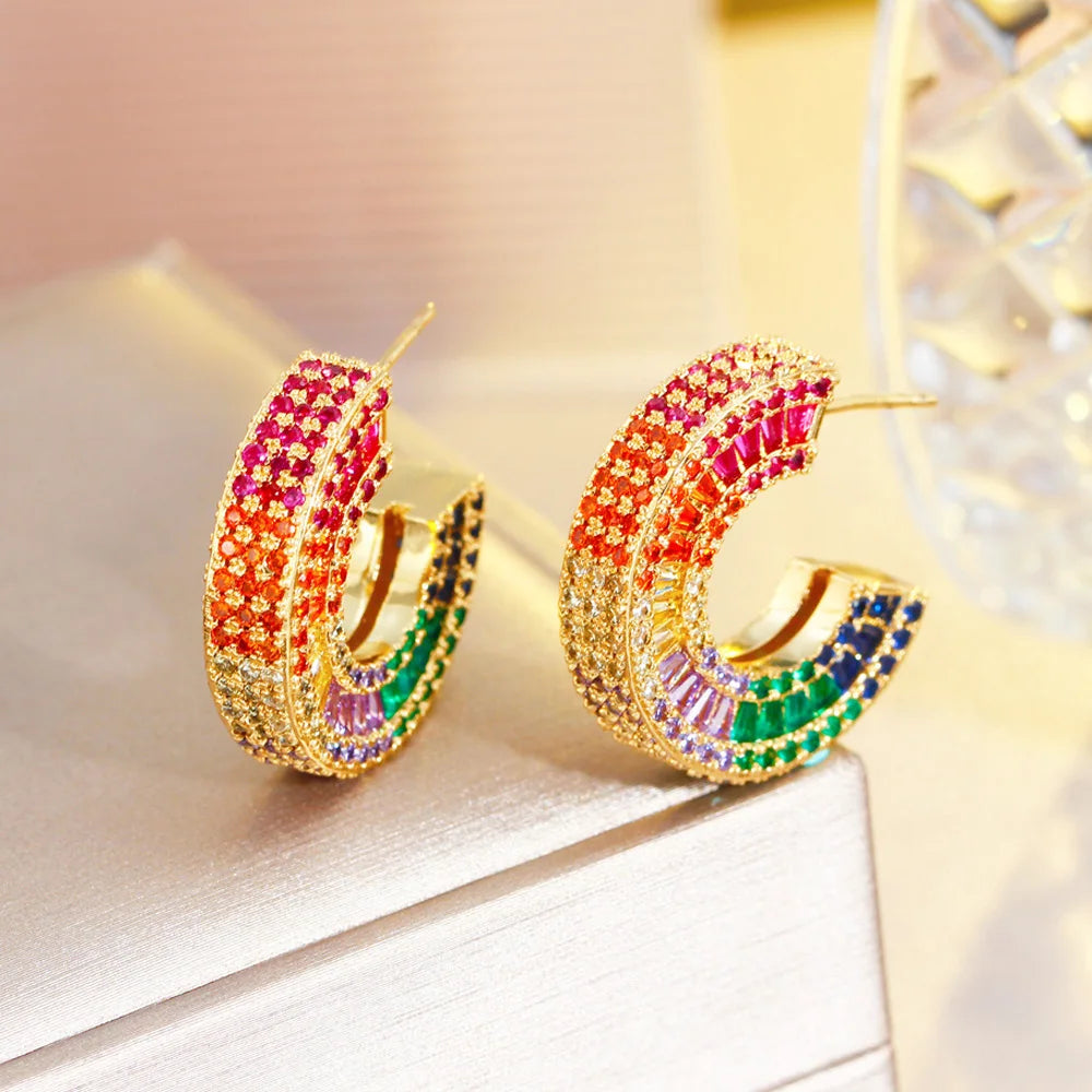 Luxury Half Round C Shape Multicolor Rainbow CZ Women Hoop Earrings Gold Plated Heavy Cubic Zirconia Jewelry - EUFASHIONBAGS