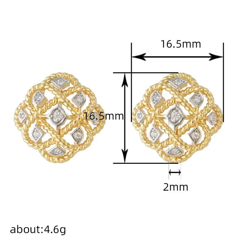 Vintage Hollow Stud Earrings Two Tone Rhombic Shaped Women Earrings Piercing Temperament Lady Accessories New Jewelry