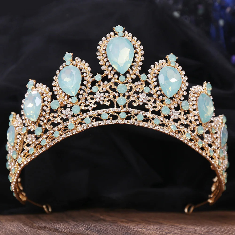 New Luxury Gold Color Green Opal Crystal Flower Water Drop Tiaras Crown Women Wedding Party Diadem Bridal Crown Hair Accessories - EUFASHIONBAGS