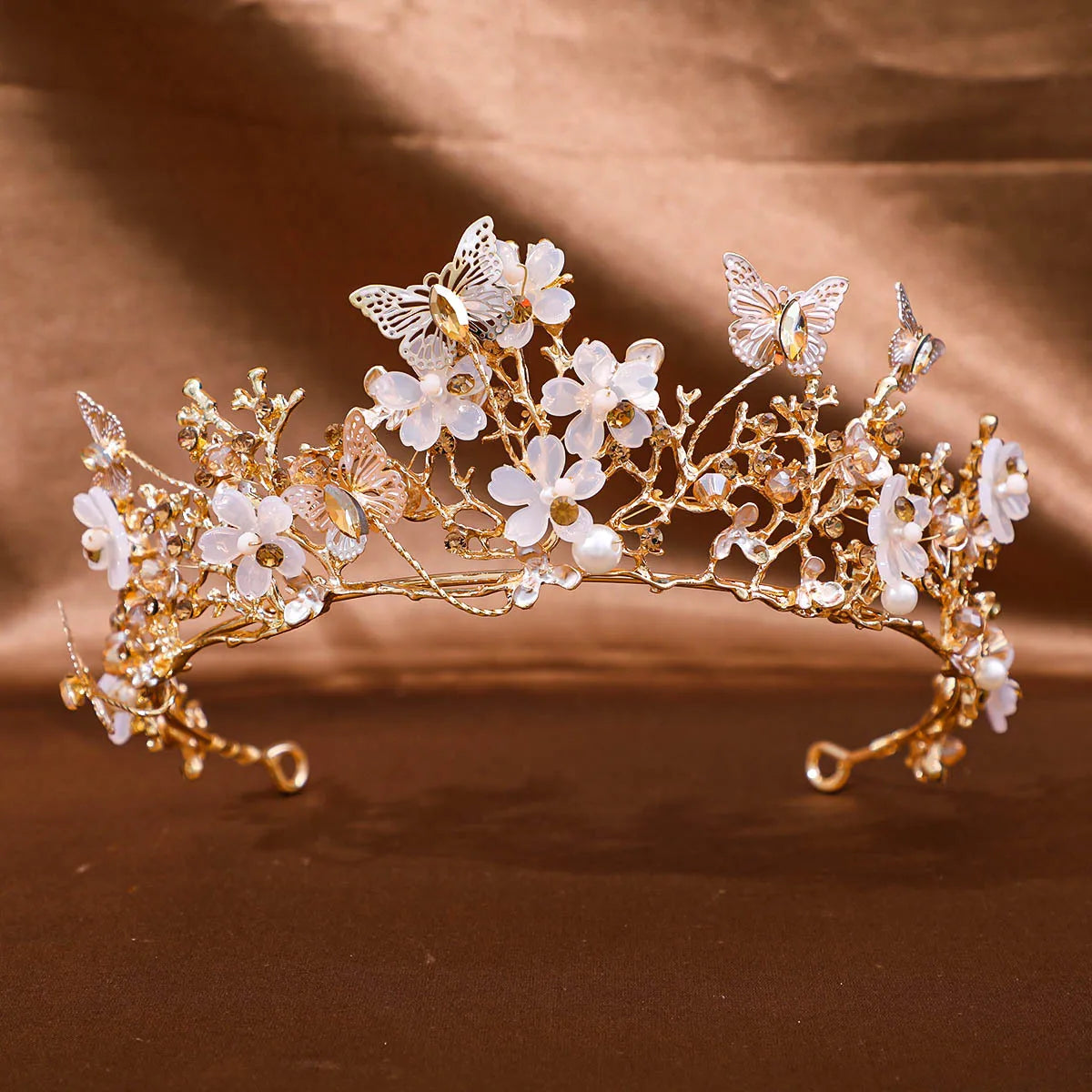 Gold Color Champagne Crystal Bridal Crowns Baroque Pearls Rhinestone Tiaras Diadem Butterfly Hairbands Wedding Hair Accessories - EUFASHIONBAGS