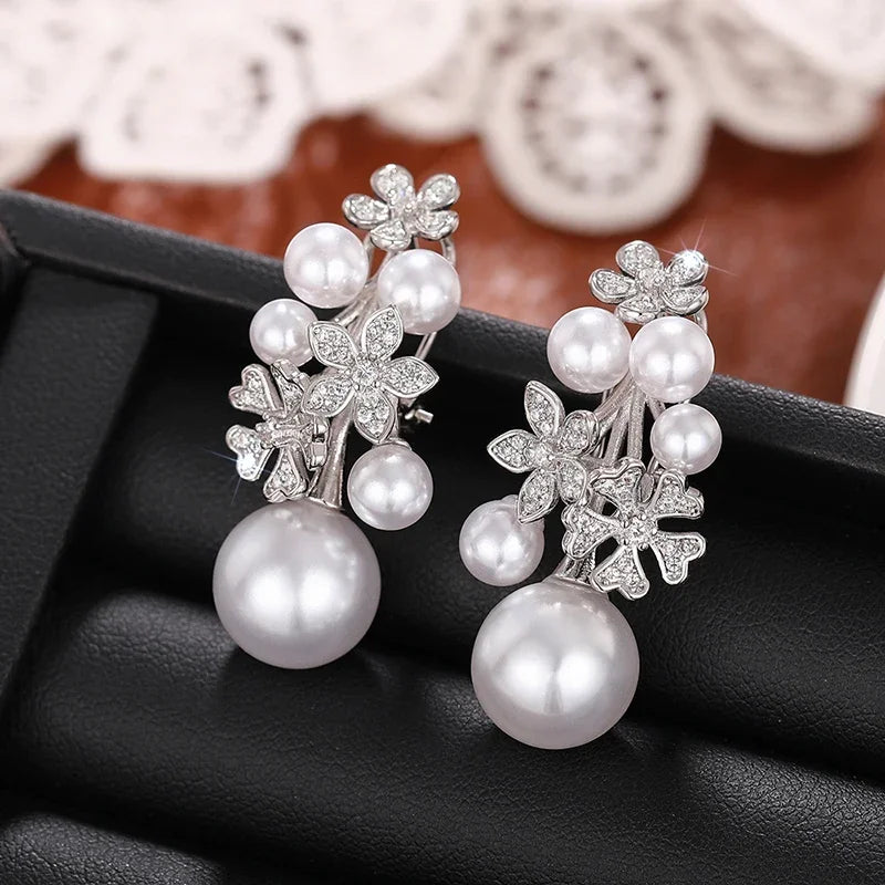 Flower Earrings with Elegant Imitation Pearl Engagement Wedding Aesthetic Earrings for Women Fashion Jewelry