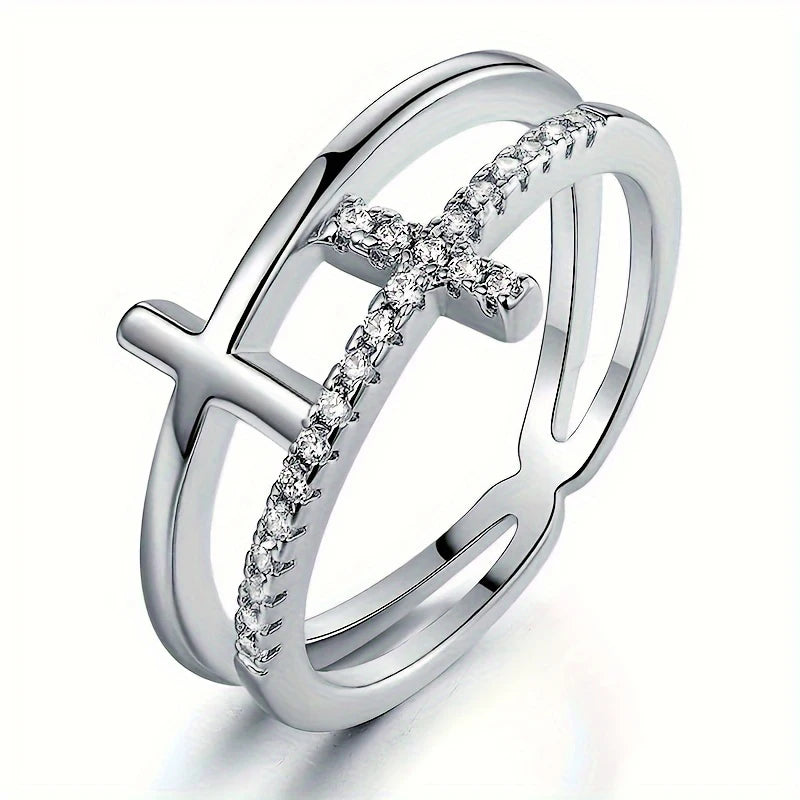 Fashion Double-layer Cross Ring for Women New Popular Finger Accessories with Micro Inlaid Zirconia Versatile Jewelry - EUFASHIONBAGS