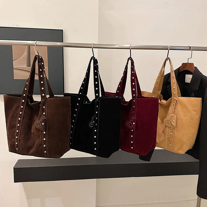 Nubuck Leather Tote Bags Lady Shoulder Bag for Women Winter New Fashion Retro Rivent Handbags and Purses - EUFASHIONBAGS