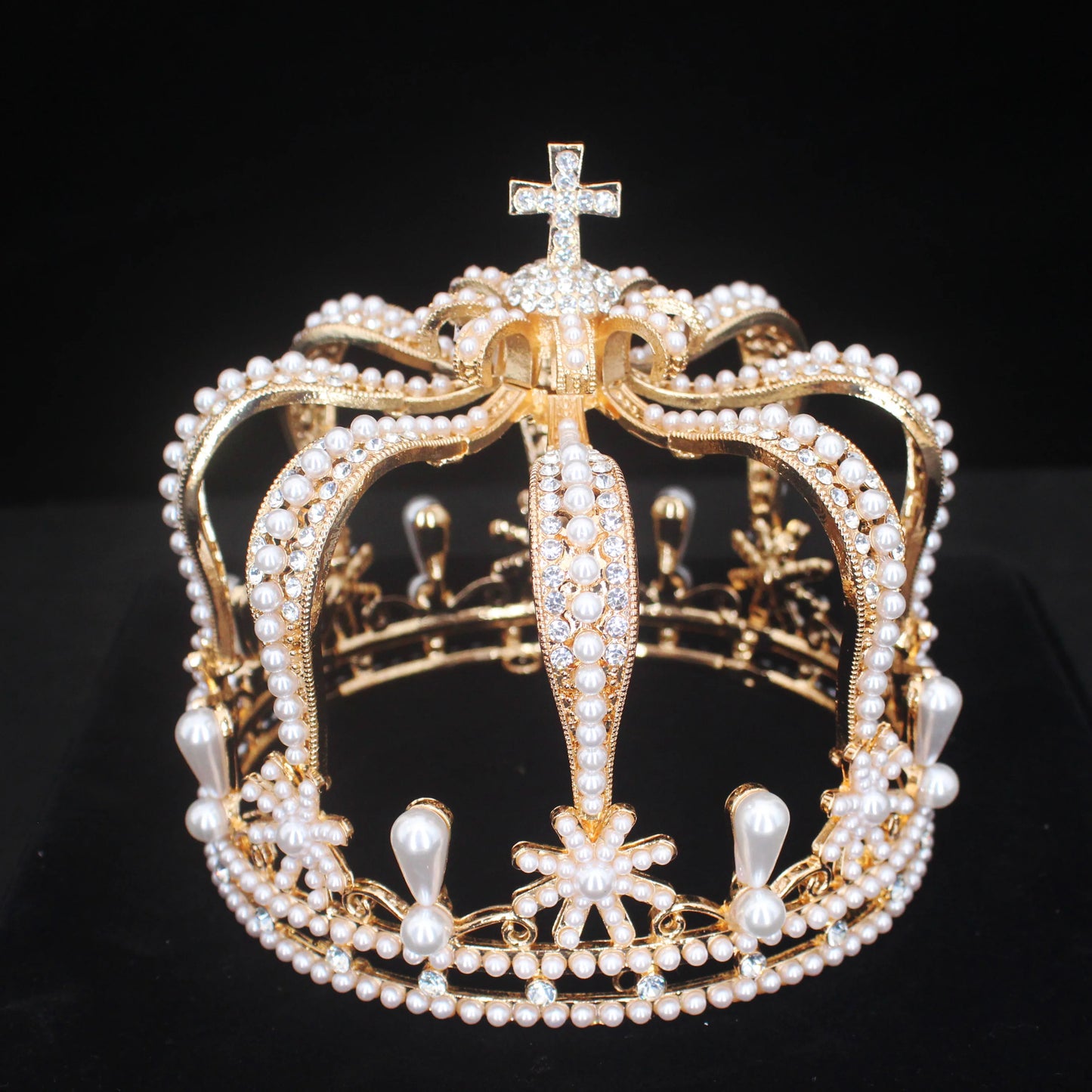 Pearl Royal Queen King Tiara Crowns Men/Women Pageant Prom Crystal Cross Diadem Hair Ornaments Wedding Hair Jewelry Accessories - EUFASHIONBAGS