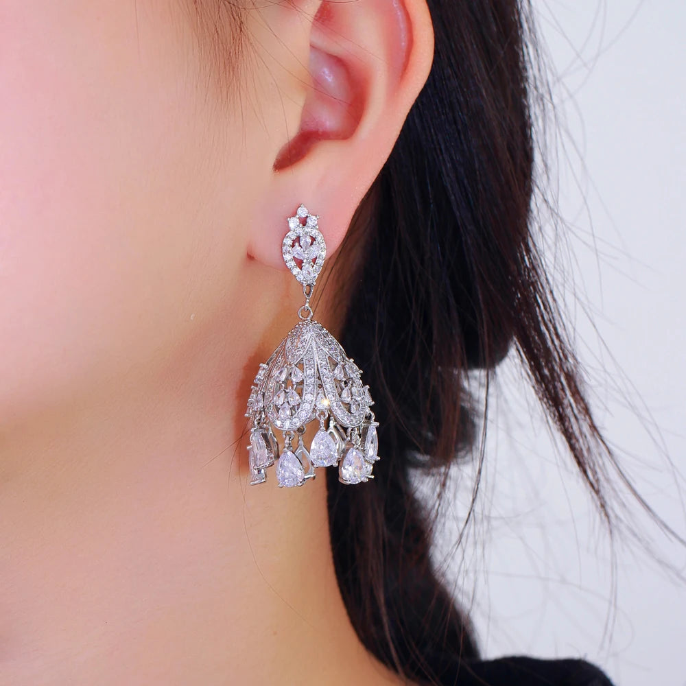 Dangling Water Drop White Cubic Zirconia Luxury Sparkly Long Big Women Wedding Bridal Party Earrings Jewelry - EUFASHIONBAGS