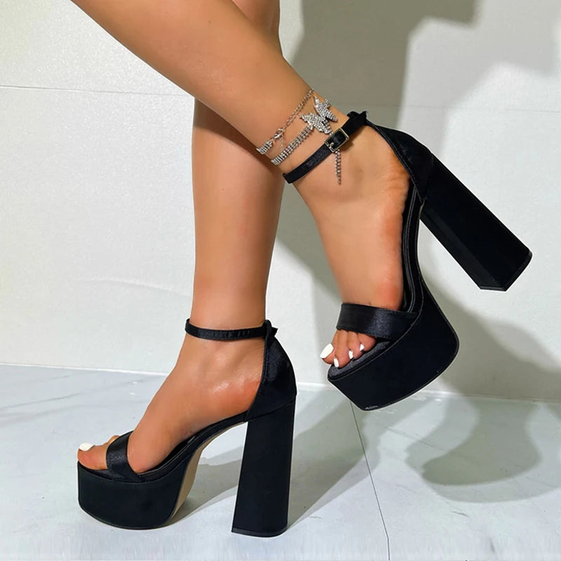 Summer 13.5CM Square High Heels Platform Sandals Women Black Silk Ankle Strap Sexy Thick Bottom Open Toe Party Dress Shoes - EUFASHIONBAGS