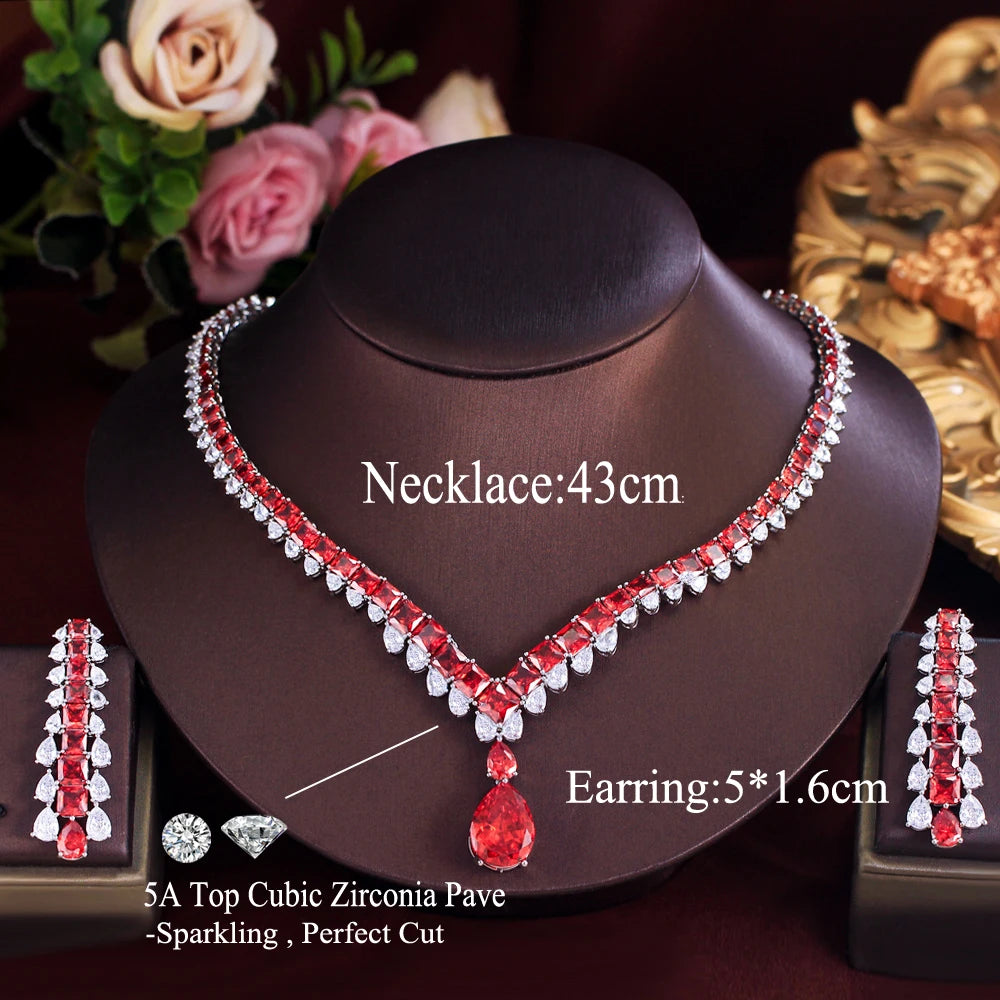 Luxury Shiny Red Cubic Zirconia Big Water Droplets Wedding Banquet Necklace Pageant Bridal Jewelry Set for Women - EUFASHIONBAGS