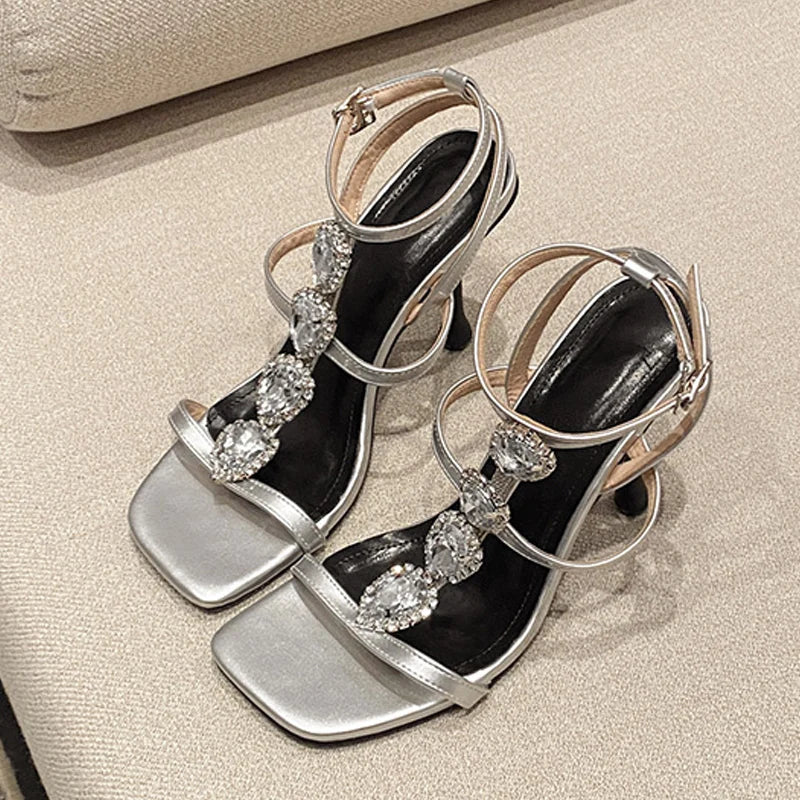 Fashion Design Diamond Chain Strap Sandal Women Street Sexy Square Open Toe Rhinestone High Heels Party Dress Shoes Silver - EUFASHIONBAGS