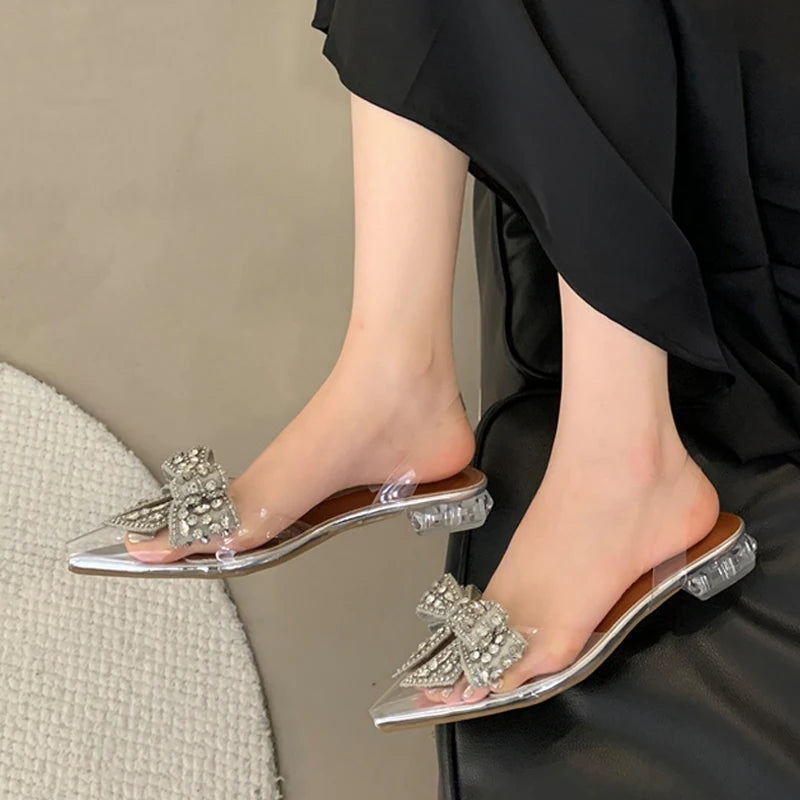 Summer Fashion Crystal Sequined Bowknot Women Pumps Sexy Pointed Toe Clear Low Heels Mules Sandals PVC Transparent Shoes