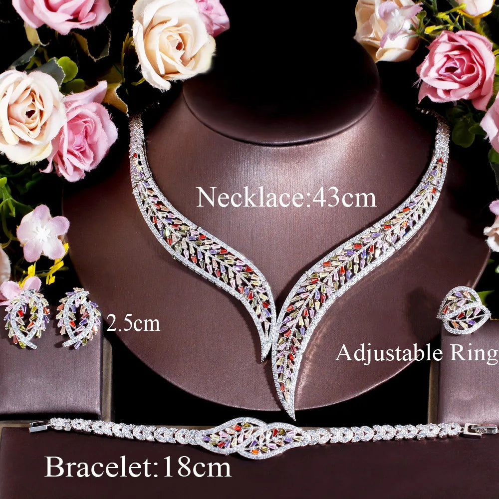 4pcs Multicolor Cubic Zircon Big Leaf Shape Statement Luxury Bridal Jewelry Sets Engagement Wedding Collection - EUFASHIONBAGS