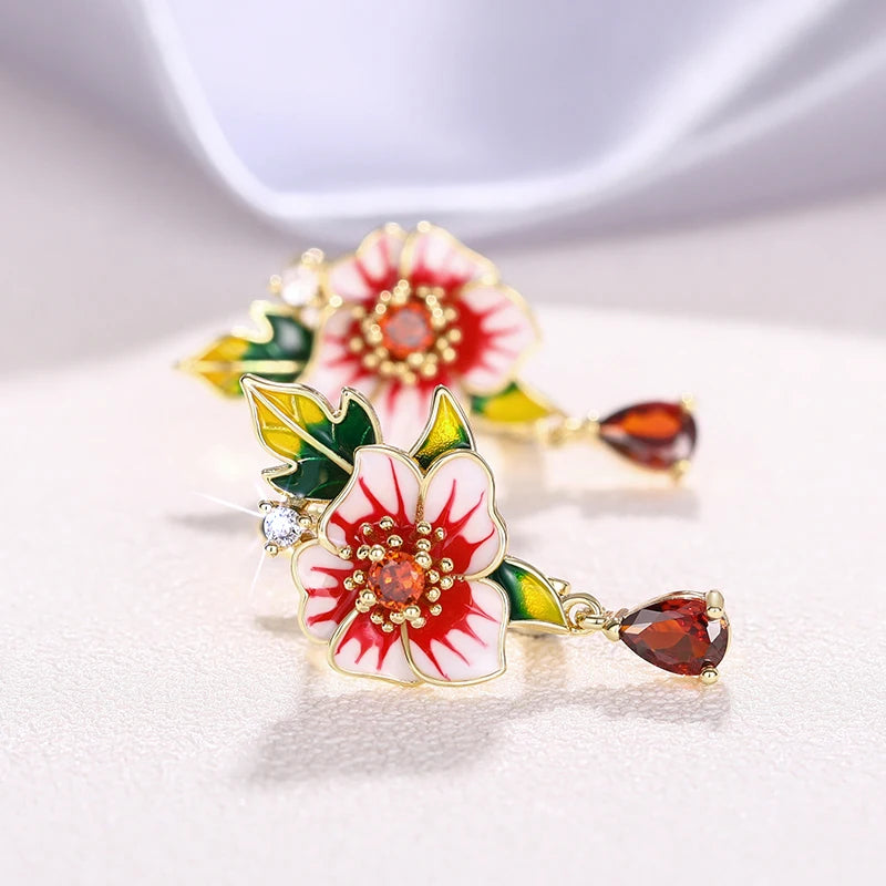 Flower Earrings for Women Red Flower Green Leaf Aesthetic Enamel Earrings Wedding Party Temperament Lady Jewelry - EUFASHIONBAGS