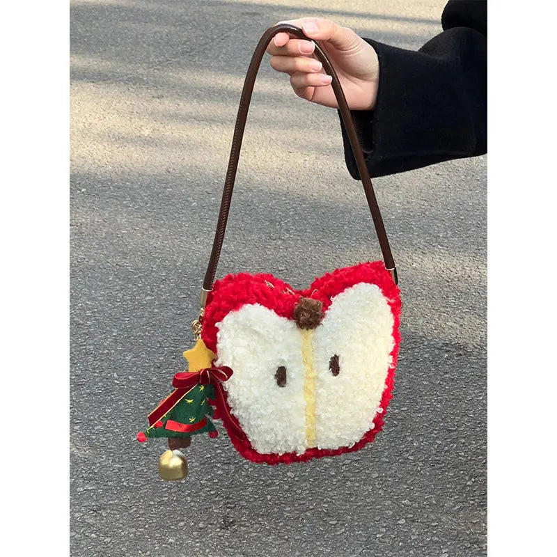 Christmas Red Y2k Crossbody Bag Women Versatile Plush Lamb Wool Cute Apple Bags Aesthetic Handbag Gift - EUFASHIONBAGS