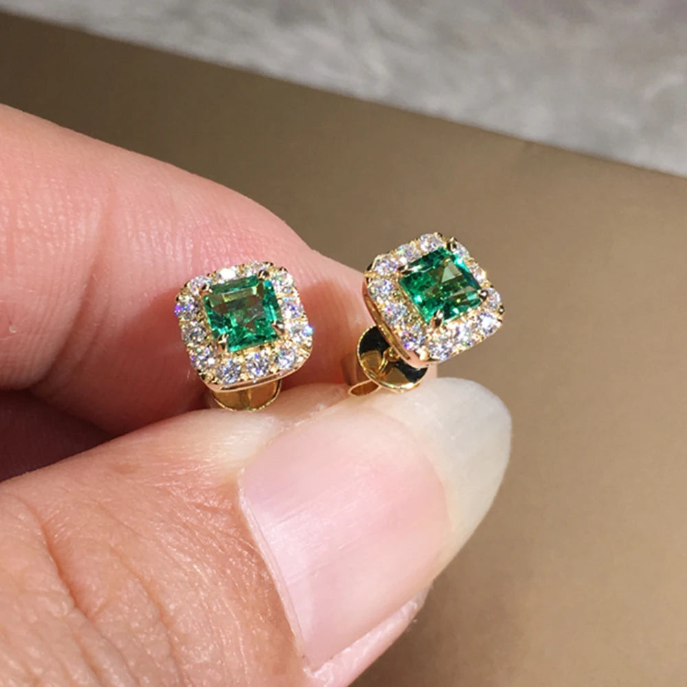 Simple Square Green Cubic Zirconia Stud Earrings Temperament Gold Color Wedding Accessories for Women Anniversary Gift