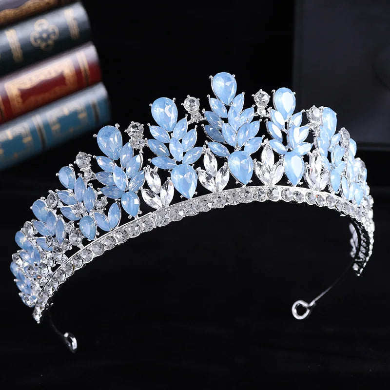 Luxury Blue Opal Crystal Flowers Water Drop Tiaras Crowns Women Headbands Wedding Party Elegant Pageant Diadem Hair Accessories - EUFASHIONBAGS