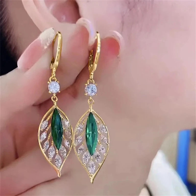 Chic Aesthetic Leaf Pendant Earrings for Women Bright Zirconia Jewelry for Anniversary Fashion Lady Statement Accessories - EUFASHIONBAGS