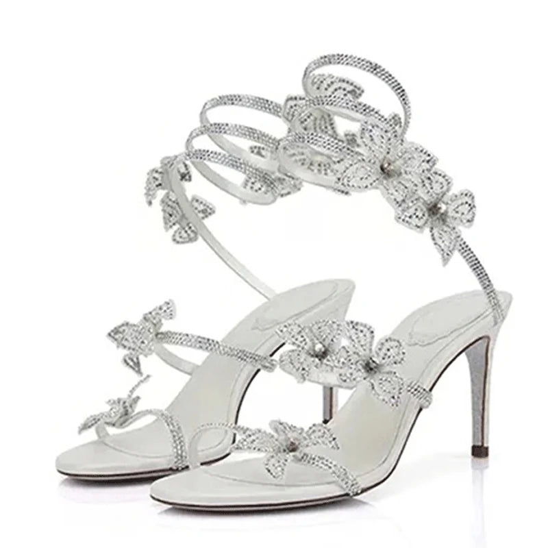 Fashion Crystal Flowers Ankle Strap Gold Sandals Women Sexy Open Toe Rhinestone High Heels Wedding Banquet Shoes - EUFASHIONBAGS