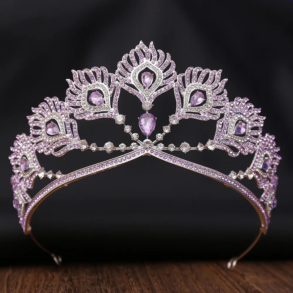 Miss Universe Crown Round Adjustable Pearl Peakcock Feather Tiaras Rhinestone Pageant Prom Crowns CZ Coroa Novia Bijoux Cheveux - EUFASHIONBAGS