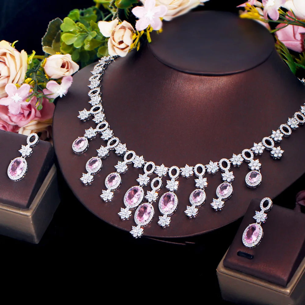 Charming Pink Cubic Zirconia Flower Drop Large Tassel Necklace Bridal Wedding Banquet Jewelry Set for Women Gift