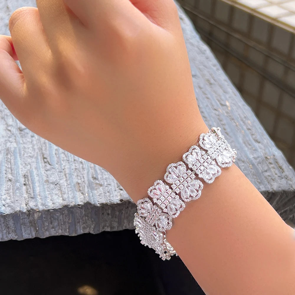 Super Luxury Flower Cluster Round Big White CZ Bracelets for Women Wedding Engagement Party Jewelry Accessories - EUFASHIONBAGS