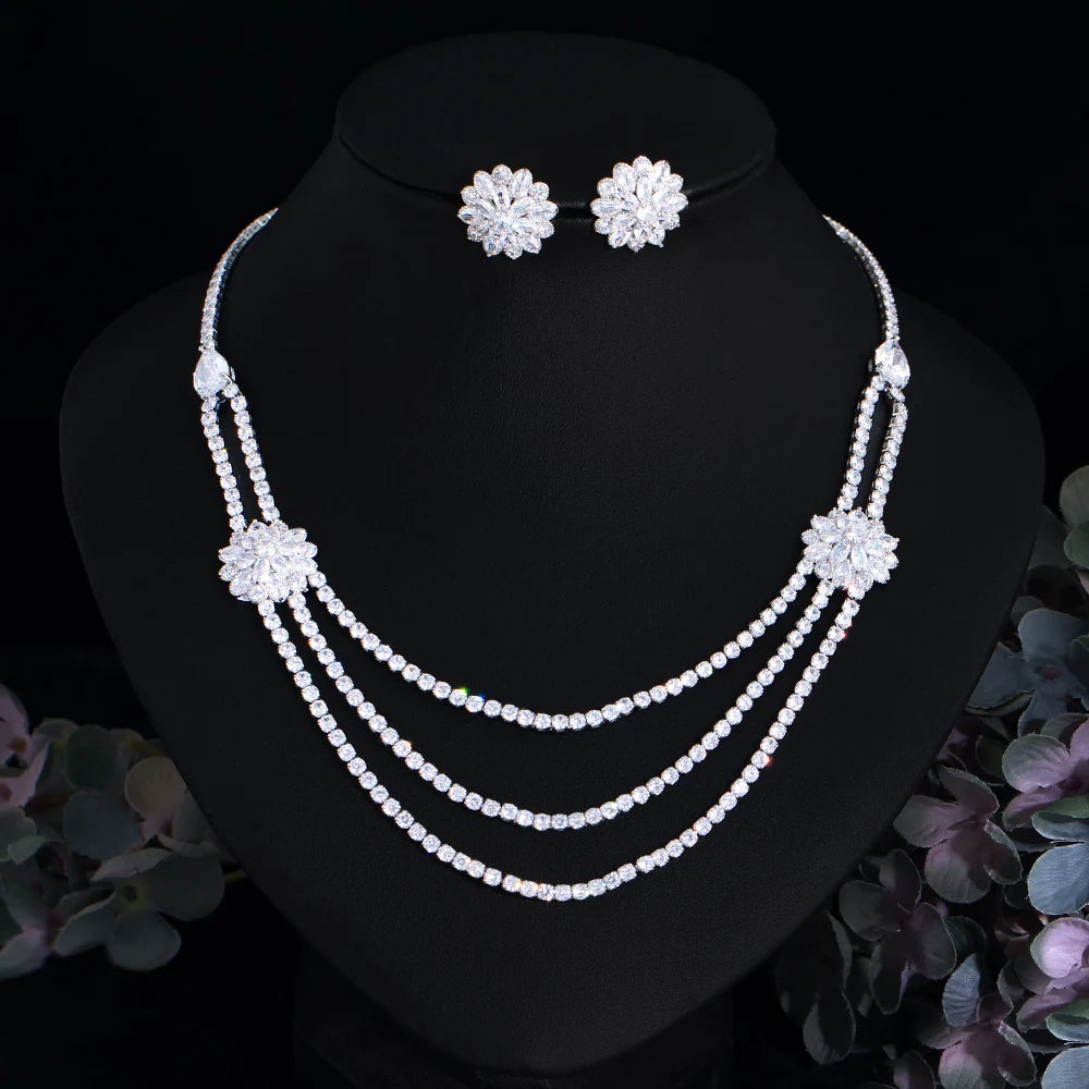 White Cubic Zirconia Big Flower Multi Layered Necklace Wedding Party Costume Jewelry Sets for Brides - EUFASHIONBAGS