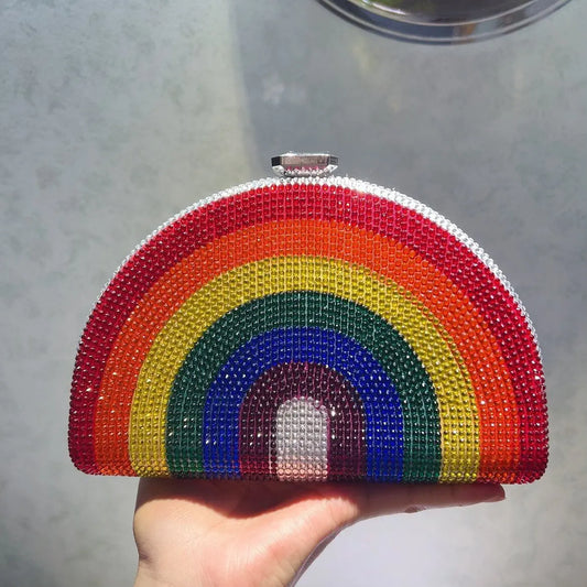 Rainbow Color Crystal Evening Clutch Bags Wedding Party Chain Bag Women Boutique Half Moon Rhinestone Purses And Handbags