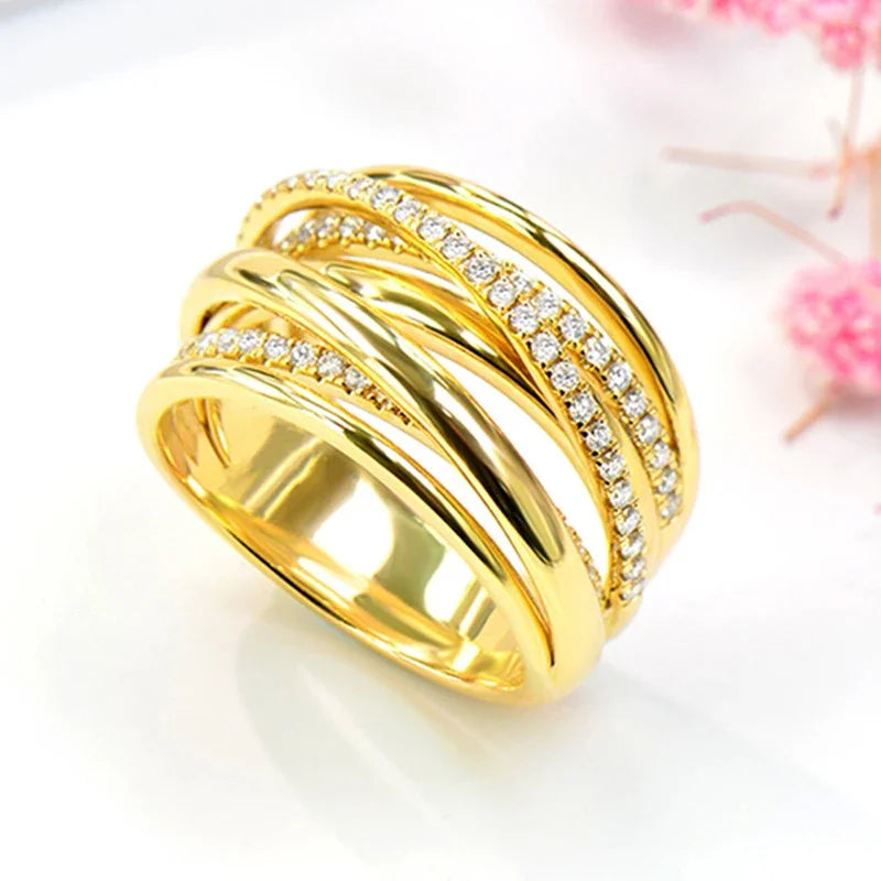 Gold Color Cross Rings  Women Wedding Band Accessories Multi-Layer Shiny Cubic Zirconia Fashion Jewelry for Party