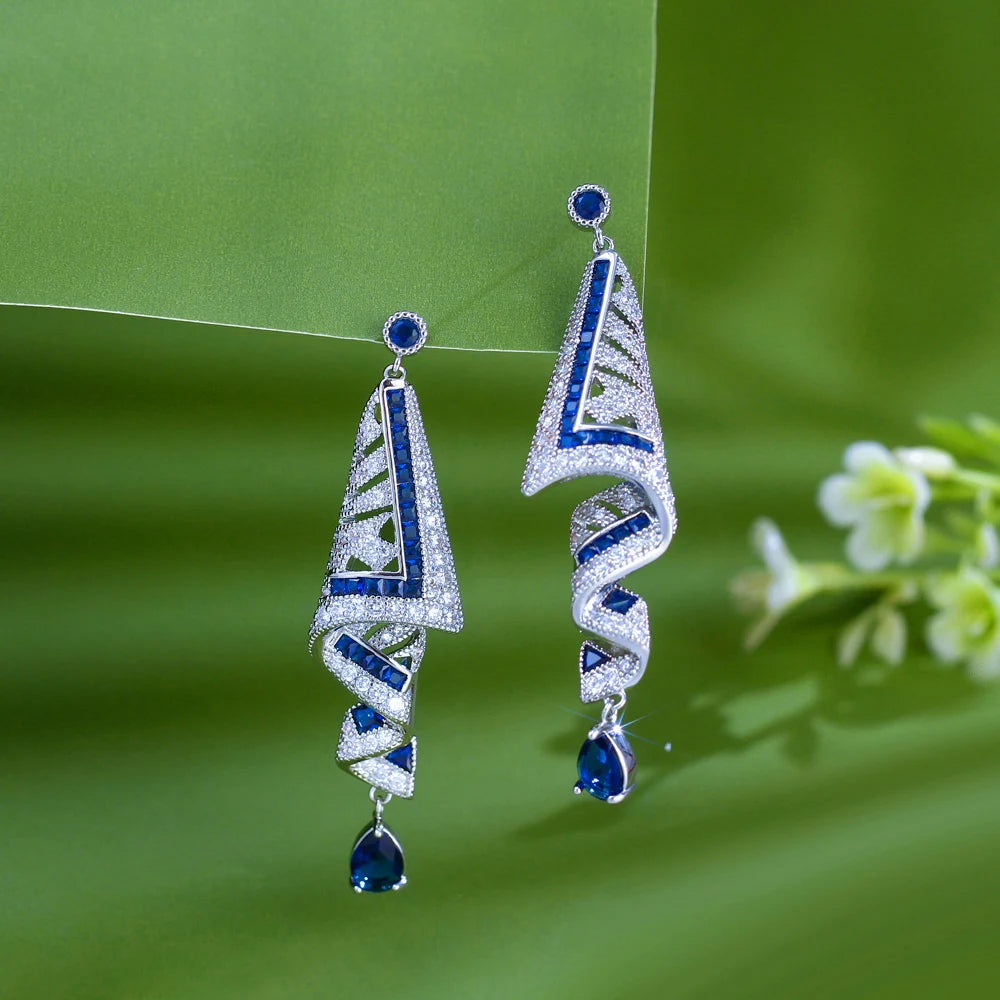 Geometric Chunky Cubic Zirconia Long Water Drop Royal Blue Dangle Earrings for Women Festival Party Accesories - EUFASHIONBAGS