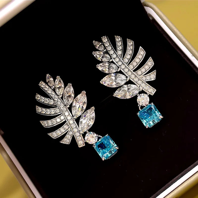 Sparkling Leaf Shaped Drop Earrings with Sky Blue CZ Ear Accessories for Women Wedding Trendy Jewelry - EUFASHIONBAGS