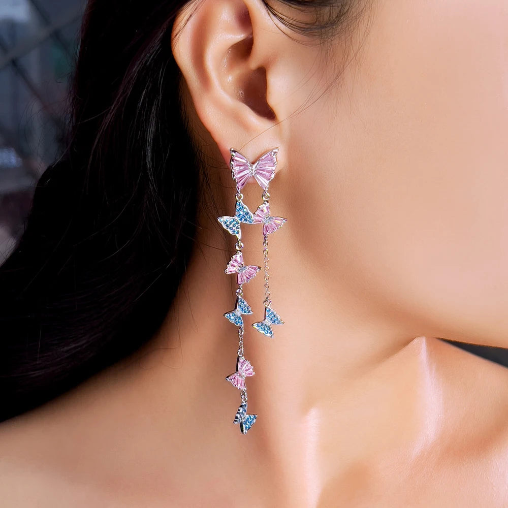 Luxury Pink Blue Cubic Zirconia Extra Long Tassel Drop Dangle Butterfly Earrings for Women Banquet Party Wear - EUFASHIONBAGS