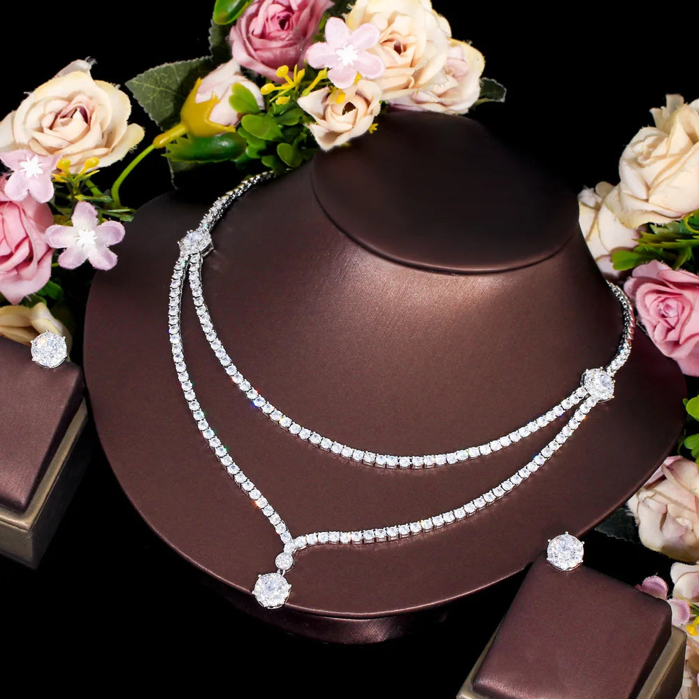 Chic Dangle Drop Round CZ 2 Layers Multiple Necklace Women Wedding Banquet Jewelry Sets Bridal Costume Accessory