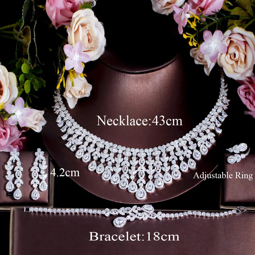 Super Luxury Tassel Leaf Drop Big Chunky Wedding Necklace Dubai White Gold Plated 4pcs Jewelry Sets for Brides T647