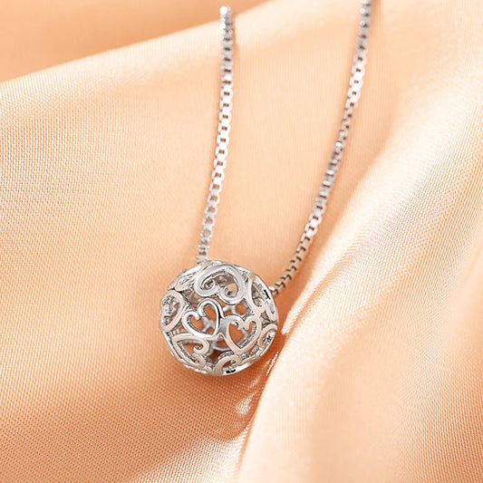 Hollow Heart Ball Pendant Necklace Romantic Neck Accessories for Wedding Silver Color Box Chain Fashion Jewelry for Women - EUFASHIONBAGS